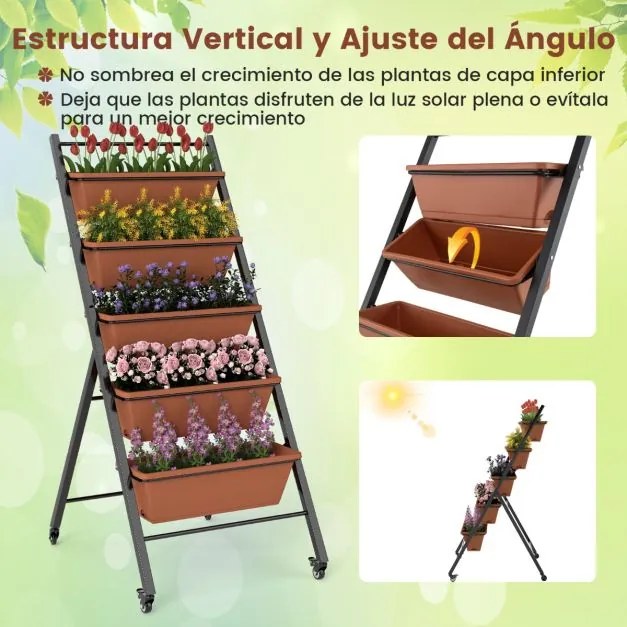 Floreira Escada 57 x 74 x 132 cm de 5 níveis com suporte metálico para vasos de jardim escalonado com rodas bloqueáveis e fileiras de orifícios de dre