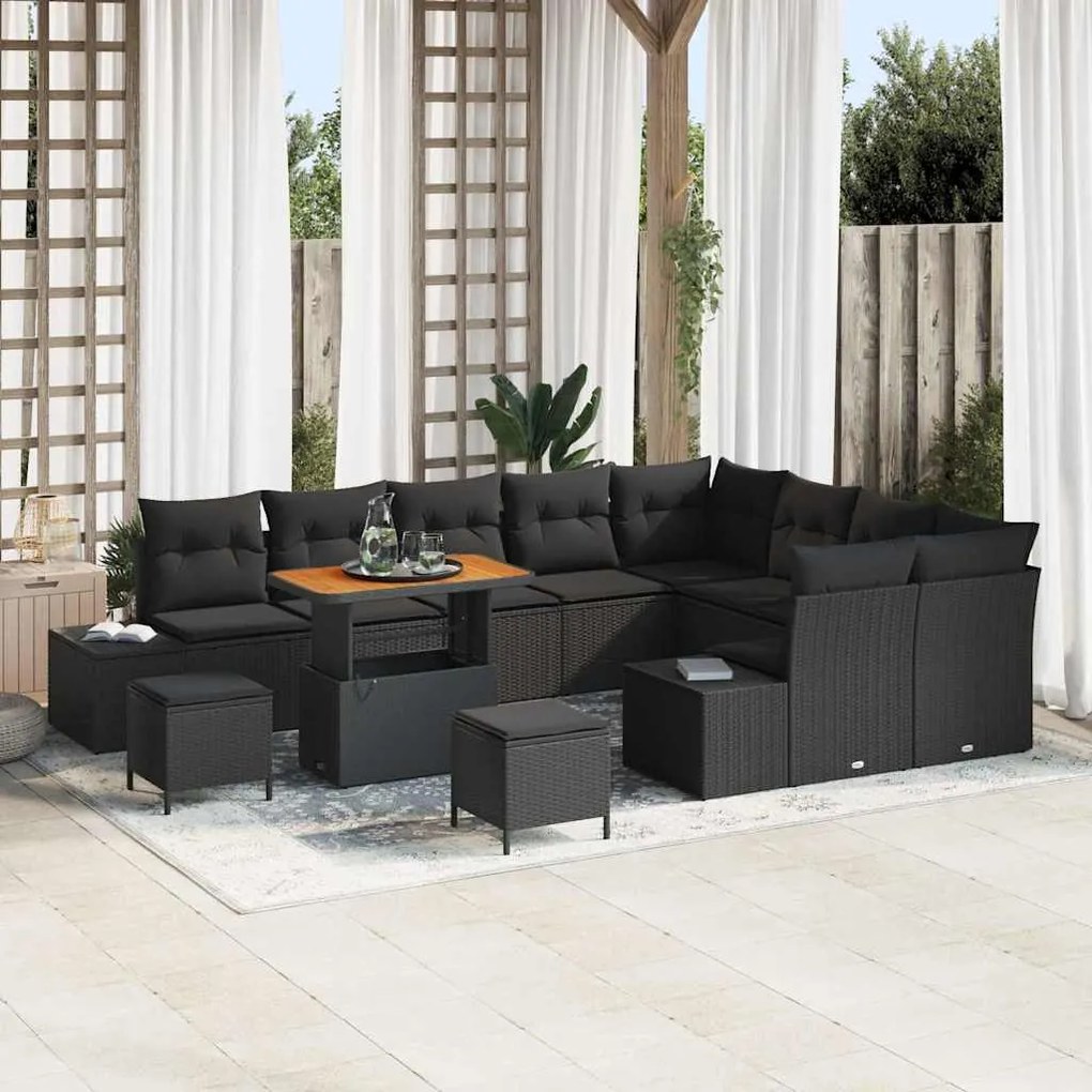 vidaXL Conjunto de Sofá de Jardim com 12 Peças, Almofadas de Rattan Polímero Preto e Acácia