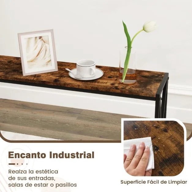 Mesa consola estreita de 2 níveis com estante aberta Mesa de entrada com estrutura metálica Castanho