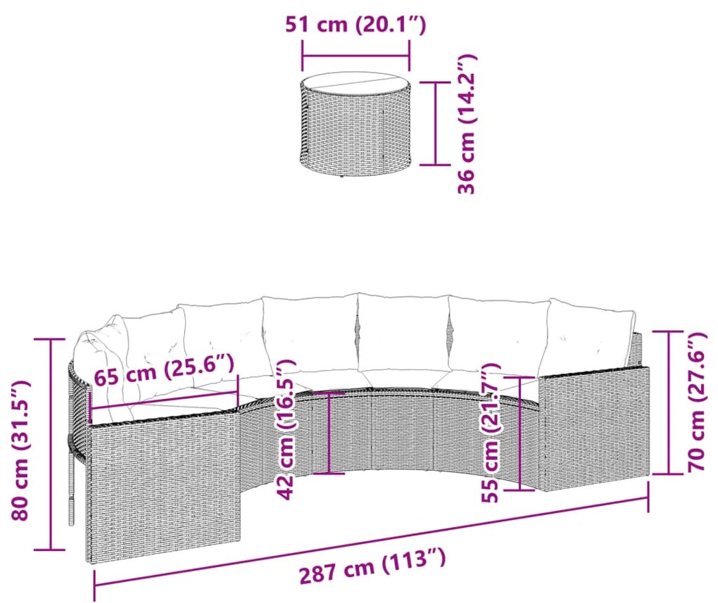 Sofá de jardim com mesa e almofadões semicircular vime PE cinza