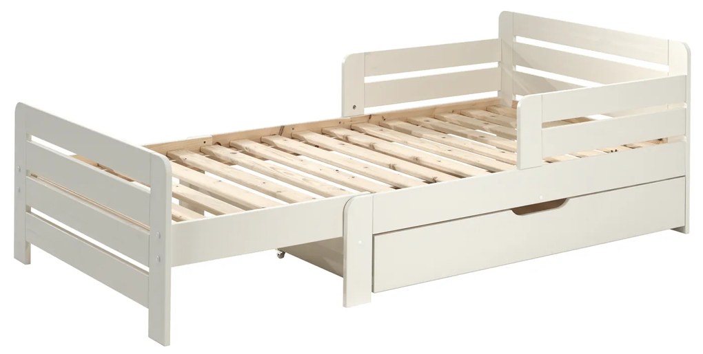 Cama infantil JUMPER transformável em 3 medidas 140, 160 e 200 cm + Estrado + Gaveta Branco