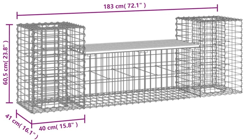 Banco de jardim c/ design gabião 183x41x60,5 cm pinho maciço