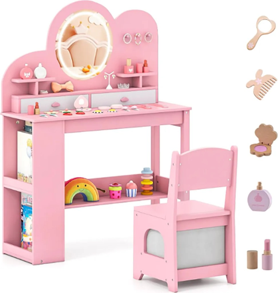 Toucador infantil com luzes e cadeira de princesa com 2 gavetas e Estante de 2 níveis, 3 ganchos e 2 prateleiras abertas Rosa