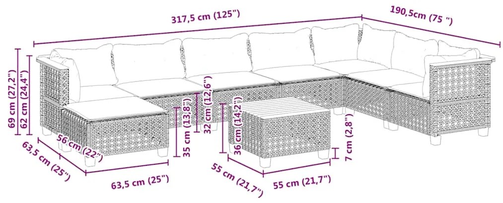 9 pcs conjunto de sofás p/ jardim com almofadões vime PE bege