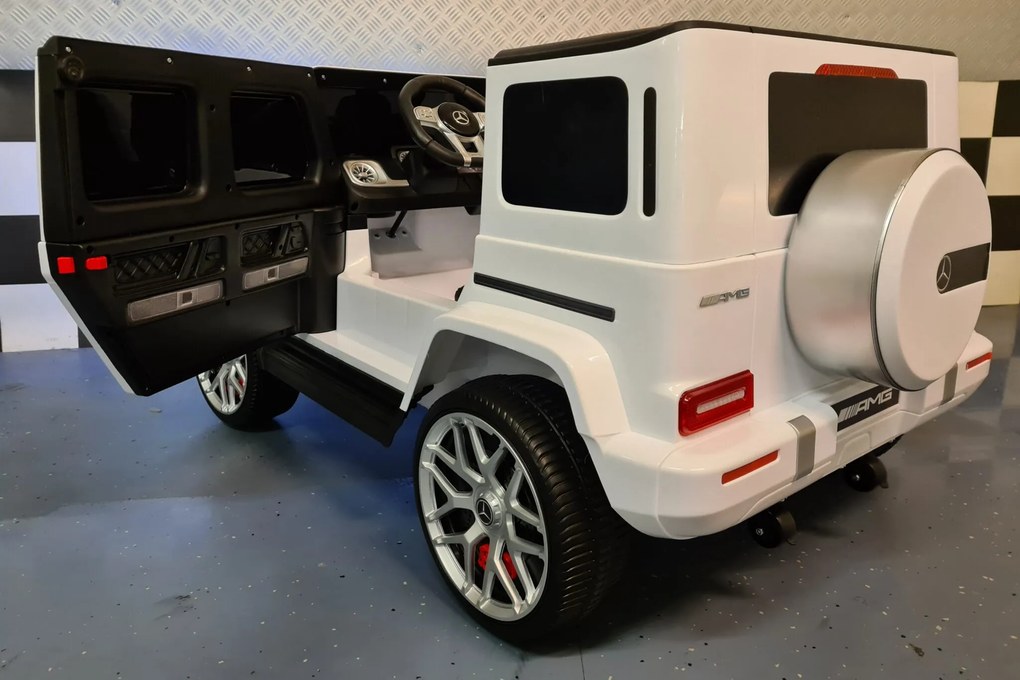 Carro infantil a bateria Mercedes G63 2 lugares 12V, Pneus Borracha, Assento couro branco