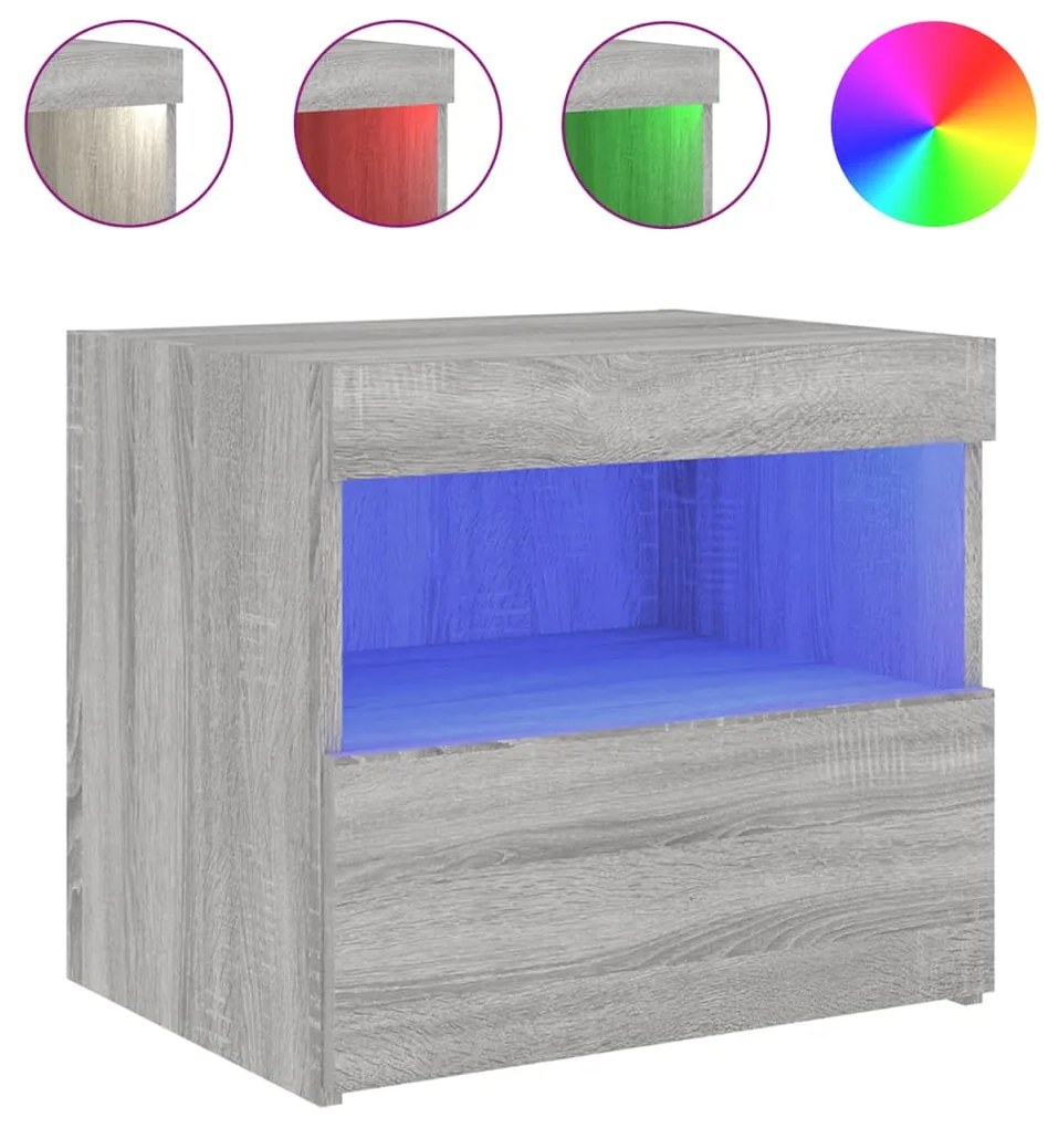 Mesas cabeceira c/ luzes LED 2 pcs 50x40x45 cm cinza sonoma