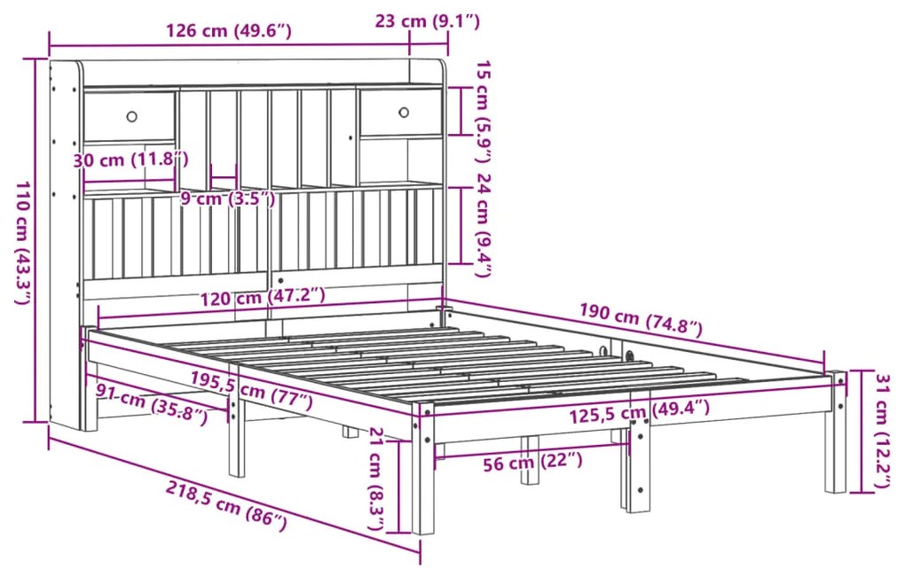 Cama com estante sem colchão 120x190 cm pinho maciço branco