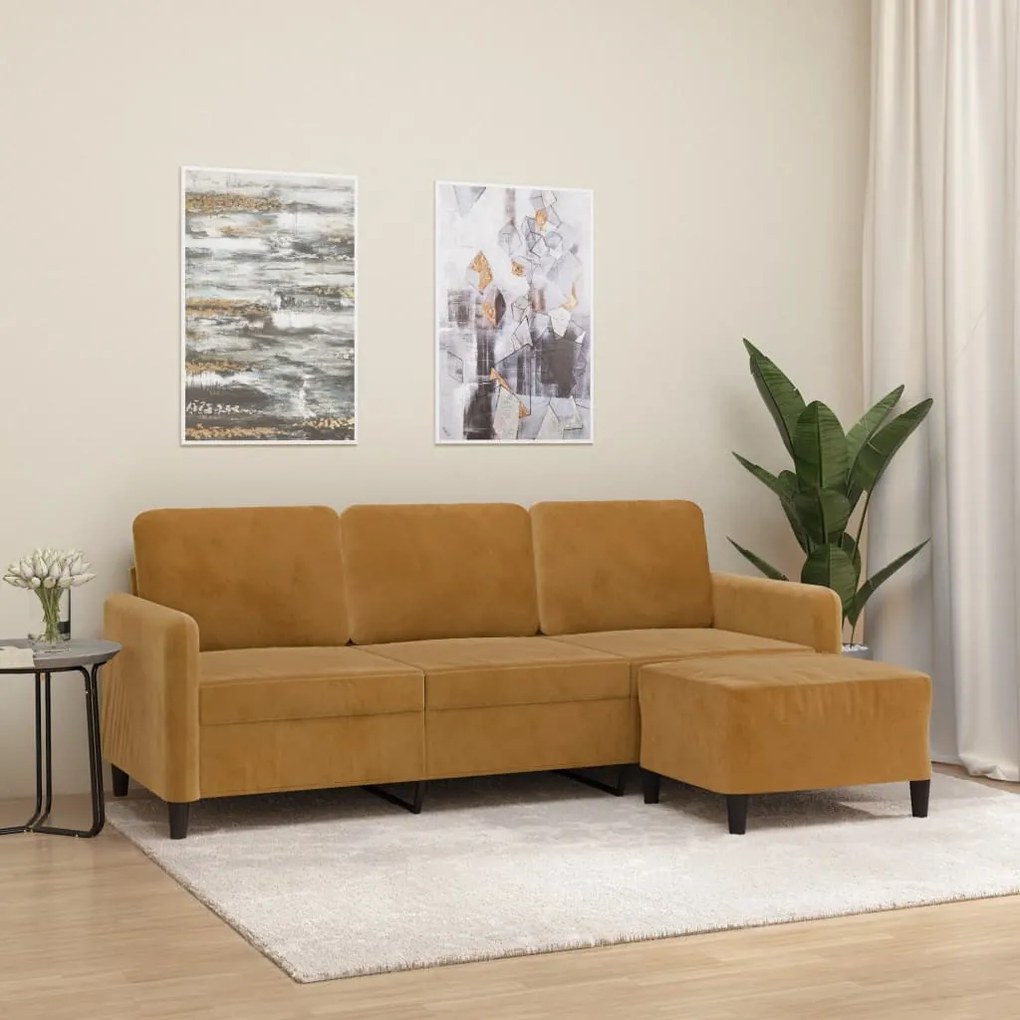 3153574 vidaXL Sofá de 3 lugares com apoio de pés 180 cm veludo castanho