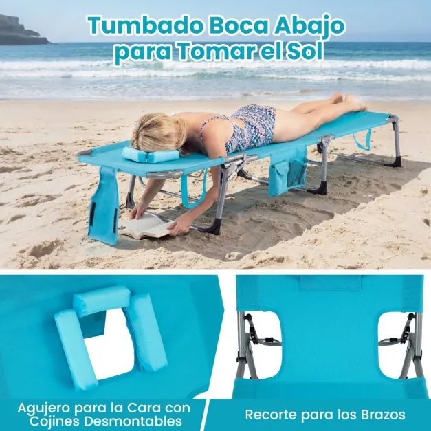 Espreguiçadeira dobrável para exterior, reclinável, com orifícios, apoio para o rosto, braços e encosto ajustável, bolsos, portátil, para praia e pisc
