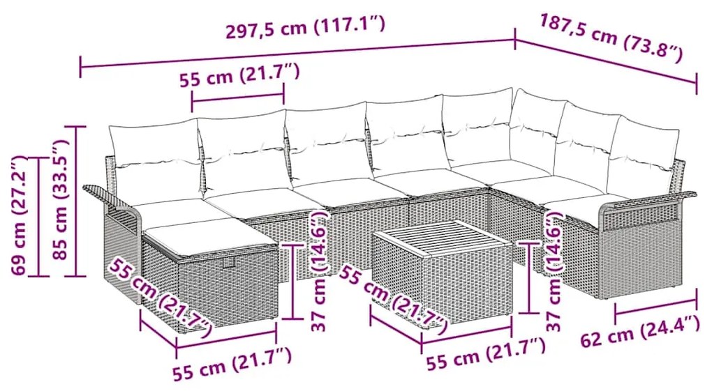 Conjunto de Sofás para Jardim 9 peças com Almofadas Preto Rattan Polip