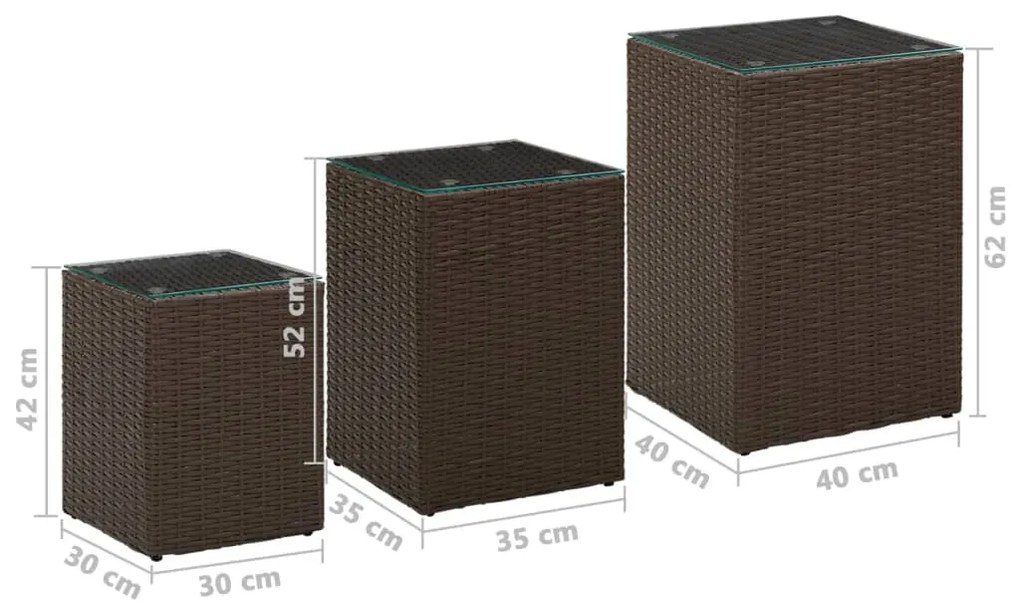 Mesas de apoio com tampo de vidro 3 pcs vime PE castanho