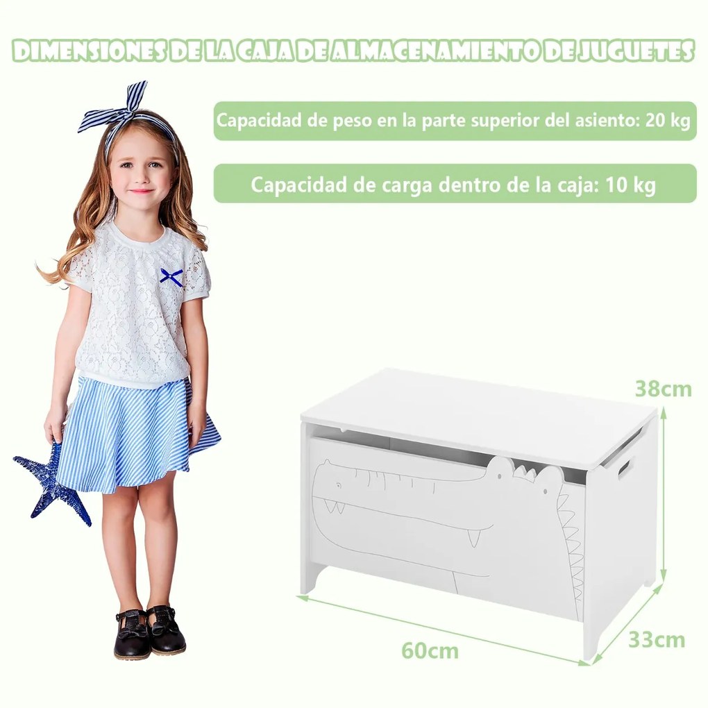 Caixa de brinquedos para crianças com dobradiça de segurança para o quarto das crianças 60 x 33 x 37,5 cm Branco