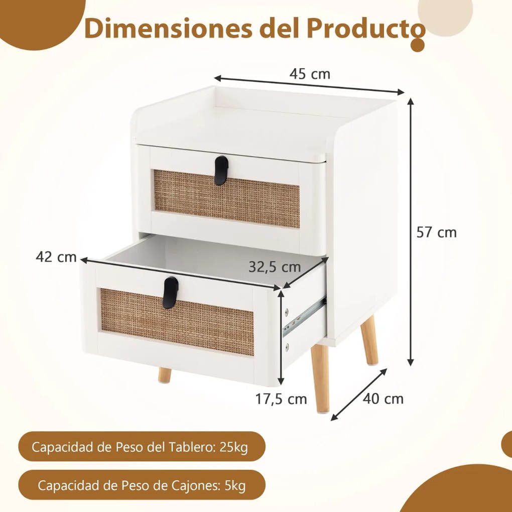 Mesa de cabeceira com 2 gavetas decoradas em rattan Pernas de madeira moderna para a sala de estar Quarto 45 x 40 x 57 cm Branco