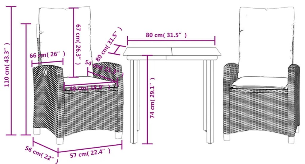 3 pcs conjunto de jantar p/ jardim c/ almofadões vime PE cinza