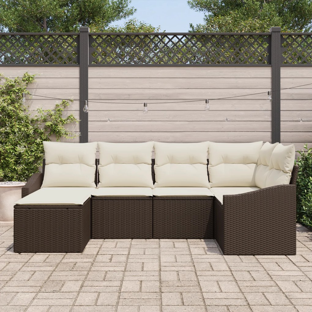Conjunto de Jantar de Jardim 6 Peças com Almofadas Castanho em Rattan