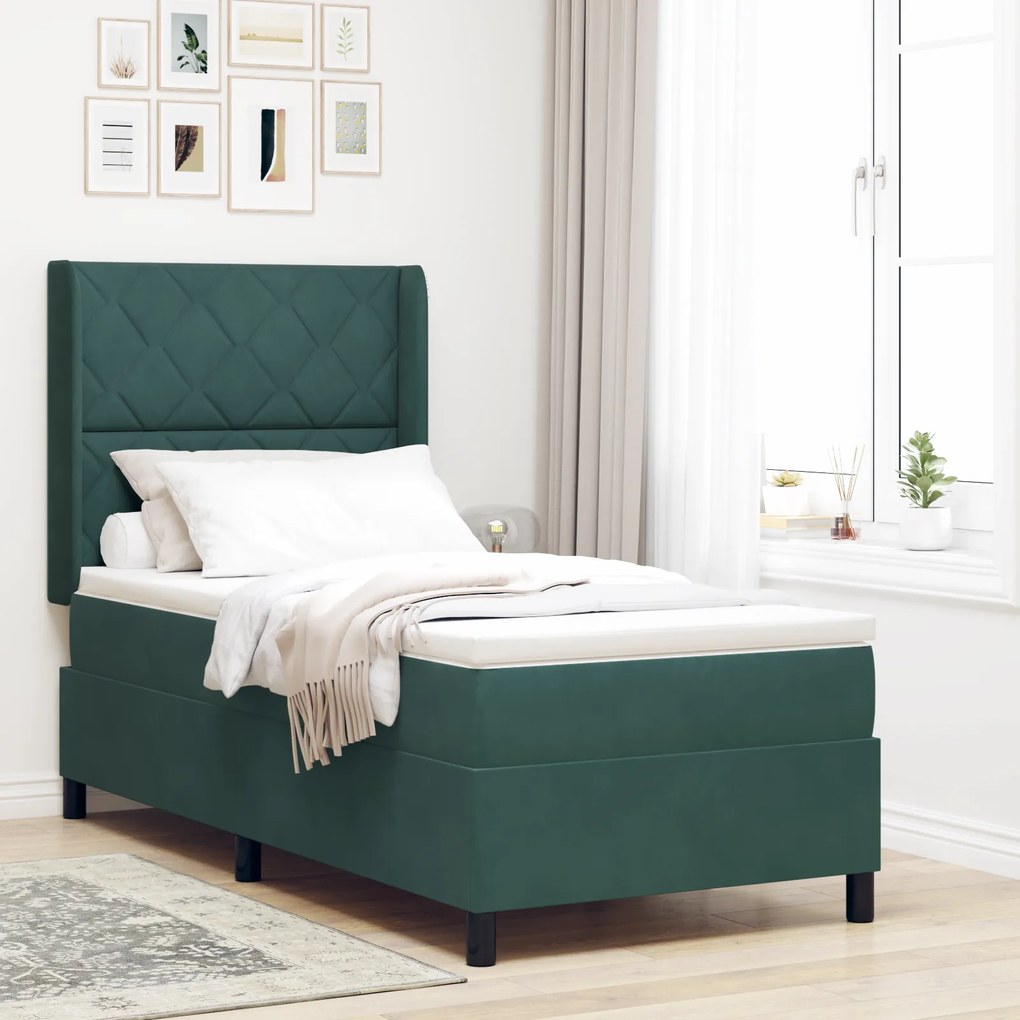 Cama Box Spring vidaXL com Colchão e LED Verde Escuro 90x200 cm Veludo