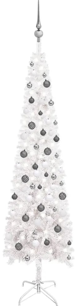 3078104 vidaXL Árvore de Natal fina com luzes LED e bolas 210 cm branco