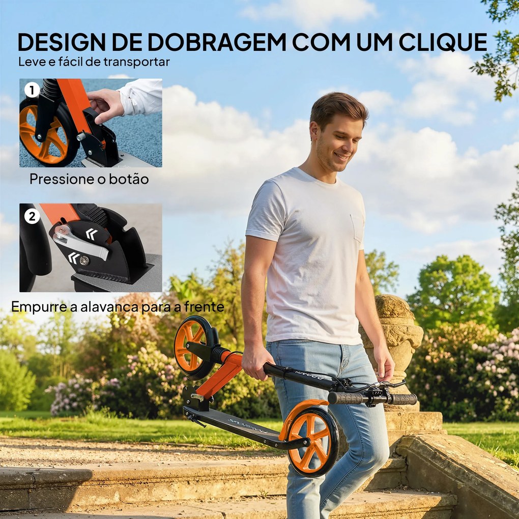 Trotinete Dobrável com Guiador Ajustável, Rodas Grandes de 200 mm, Amortecimento e Travão, Carga Máxima de 100 kg, 91,5x36,5x91-104 cm, Vermelho