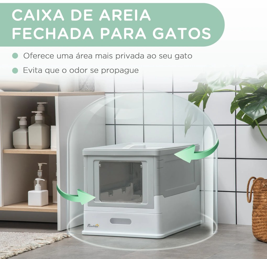 Caixa de Areia para Gatos Dobrável Caixa de Areia para Gatos Fechada com Bandeja Removível e Pá 47,5x35,5x36,7cm Cinza