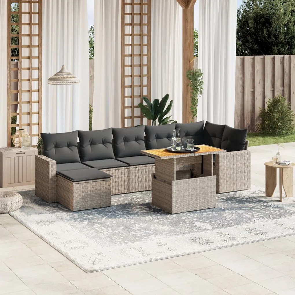 8 pcs conjunto sofás de jardim c/ almofadões vime PE cinzento