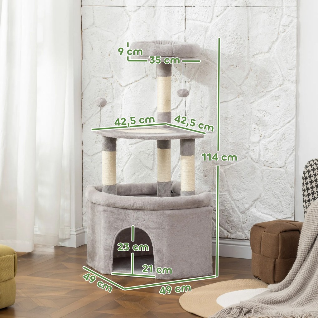 Arranhador para gatos com torre de brincadeiras, arranhadores de sisal, plataforma, compartimentos abertos, tecido felpudo, bolas, 49x49x114 cm, cinze