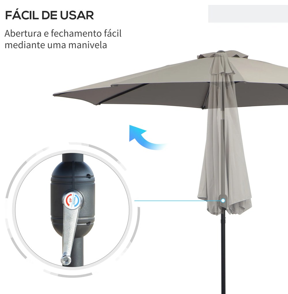 Outsunny Chapéu de Sol de Jardim Ø295x250 cm com Manivela Chapéu de Sol Exterior com Mecanismo de Inclinação e Mastro Desmontável de Metal para Terraço Piscina Pátio Cinza