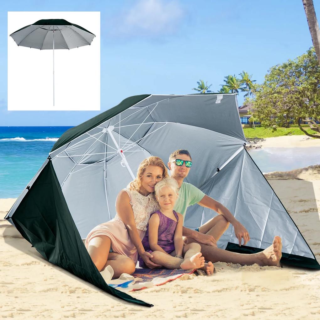 Outsunny Chapéu de Sol de Praia com Painéis Laterais Tipo Tenda Chapéu de Sol para Praia com Proteção UV Φ210x222cm Verde Escuro