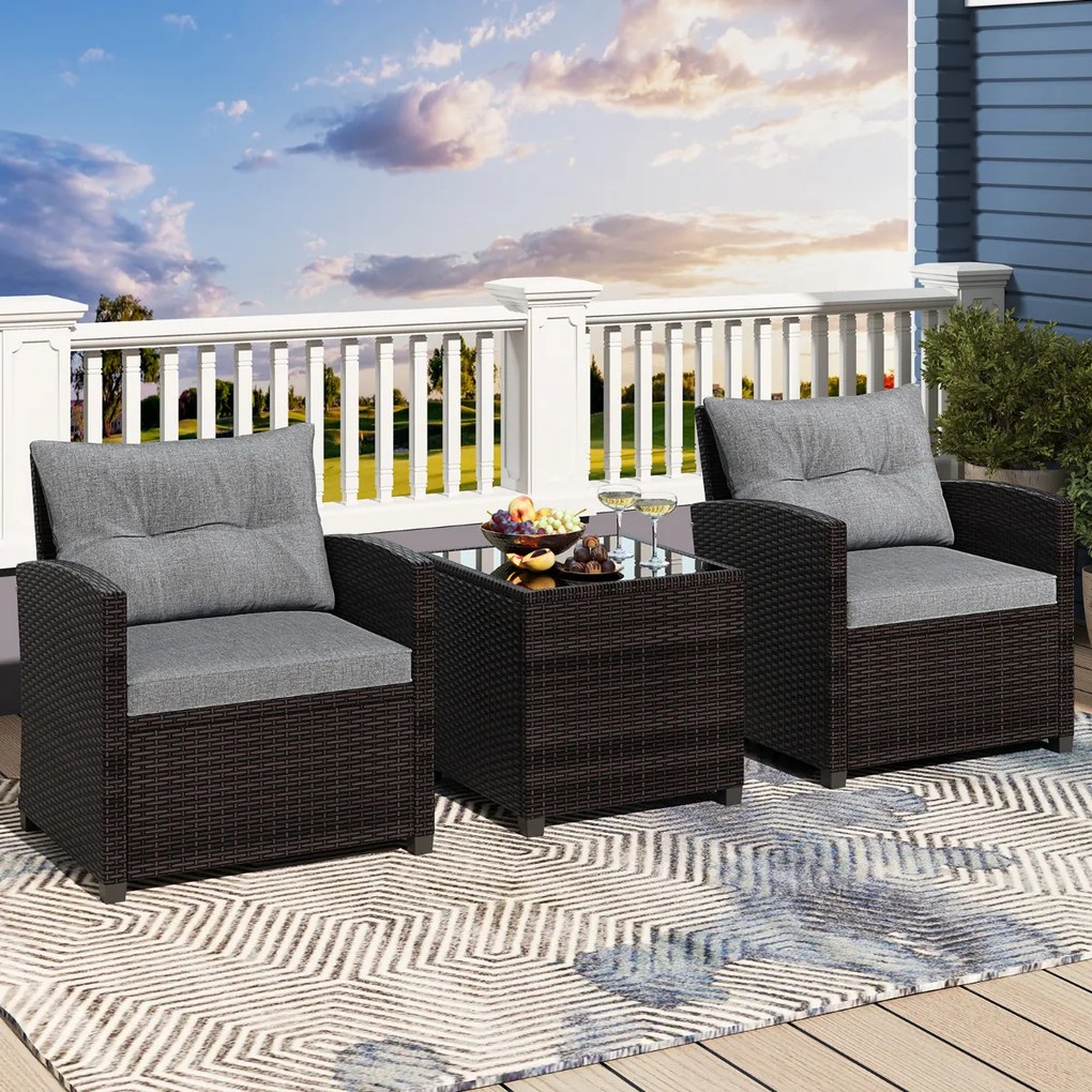 Conjunto Jardim de 3 peças em rattan com almofada lavável para jardim, piscina e varanda 67 x 67 x 76 cm Castanho e Cinzento