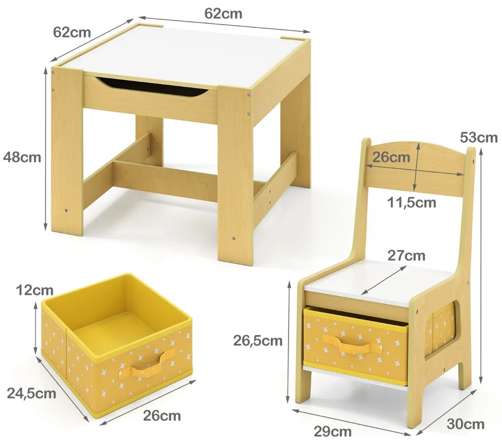 Conjunto de mesa e 2 cadeiras para crianças com caixas de armazenamento amarelas