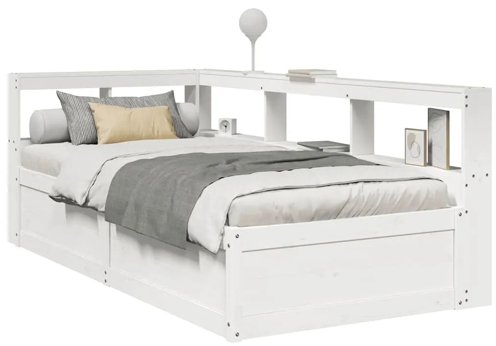 vidaXL Cama com estante sem colchão 90x200 cm pinho maciço branco