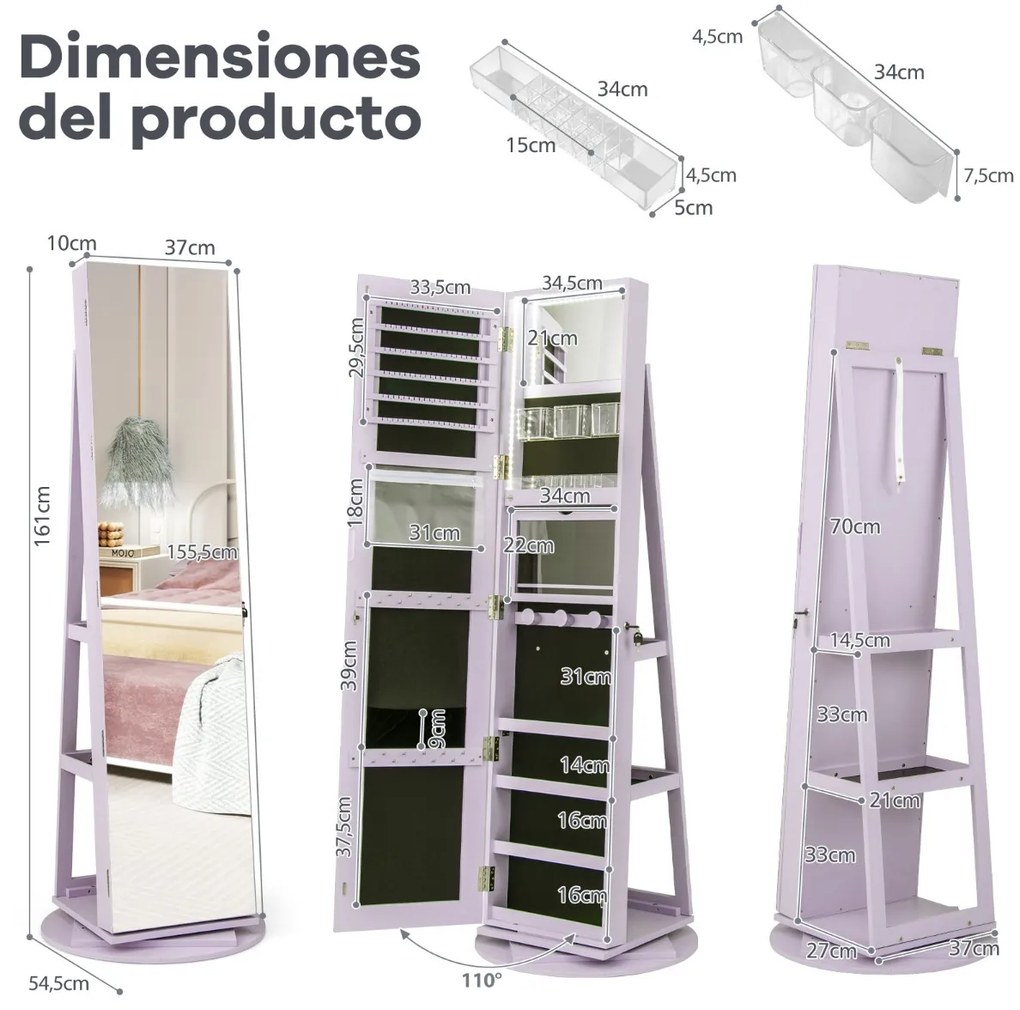 Armário joias giratório 360° com luzes LED Espelho de corpo inteiro 54,5 x 161 cm Púrpura