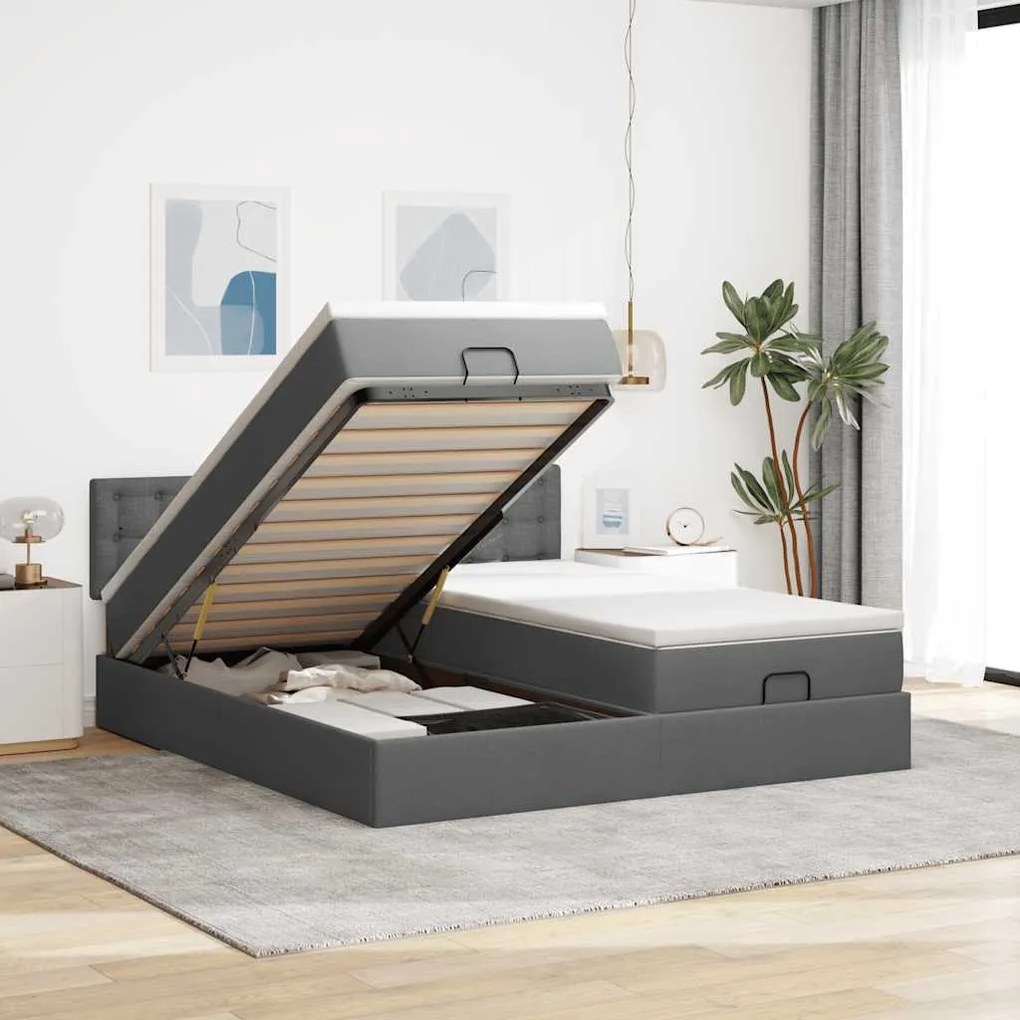 Estrutura de cama otomana com colchões tecido cinzento escuro