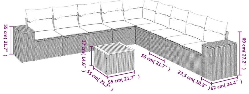 10 pcs conjunto sofás de jardim c/ almofadões vime PE preto