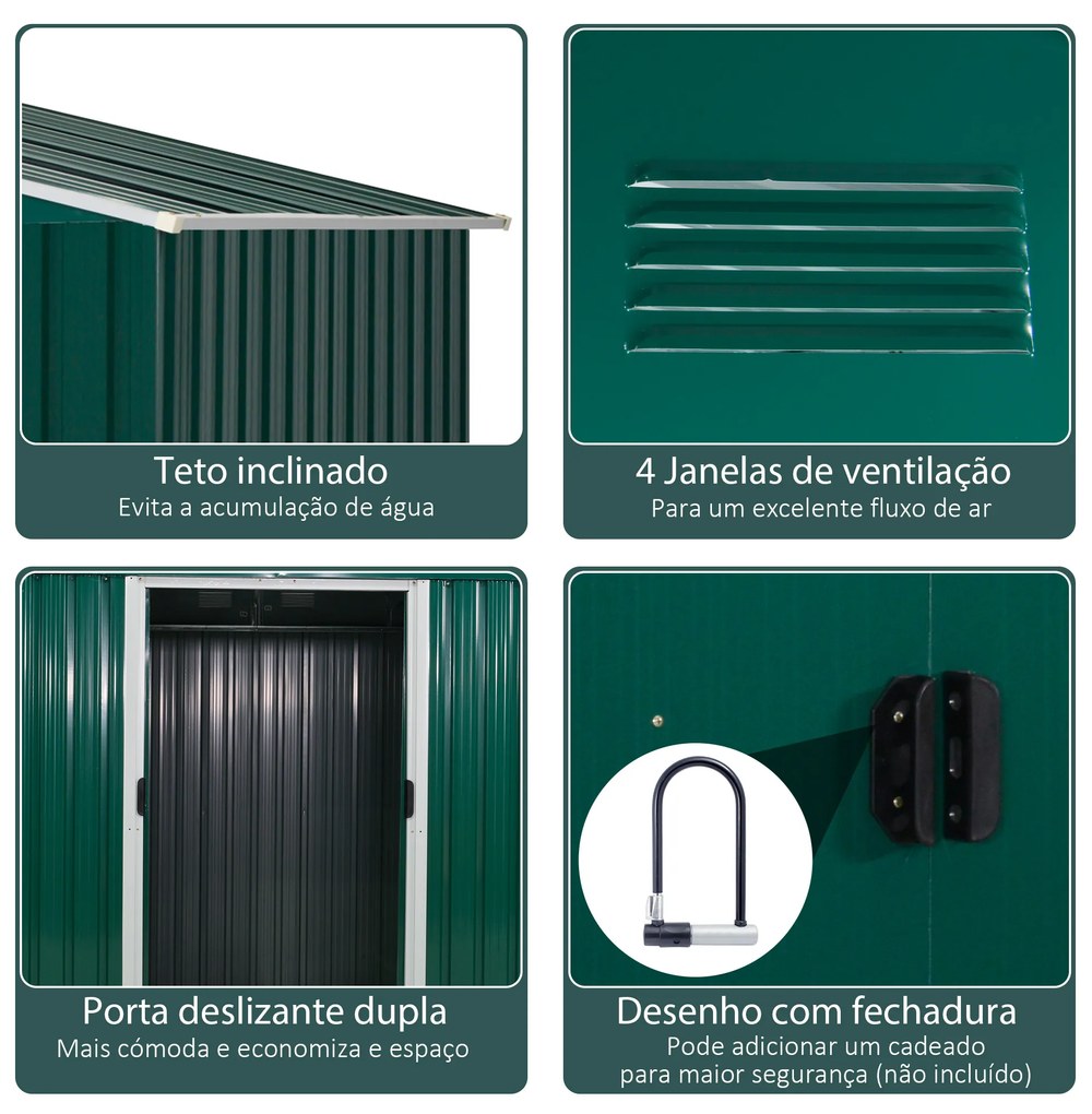 Abrigo de Jardim de 4,1 m² 236x174x190 cm para Armazenamento de Ferramentas com Portas e 4 Janelas de Ventilação Verde