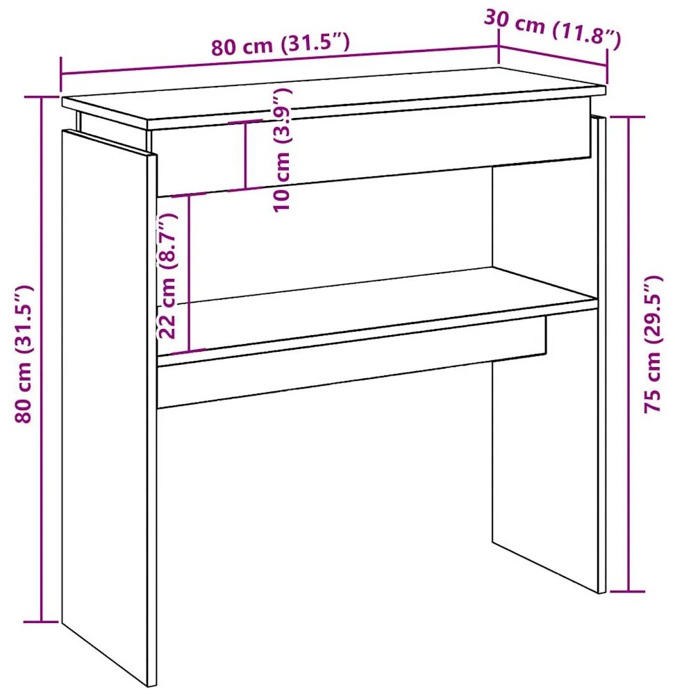 Mesa consola 80x30x80 cm derivados madeira carvalho artisiano