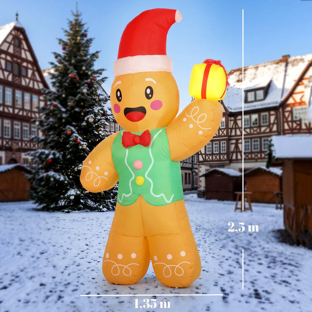 Boneco de Gengibre Insuflável de Natal, 135 x 60 x 250 cm, Iluminação LED, Multicolor