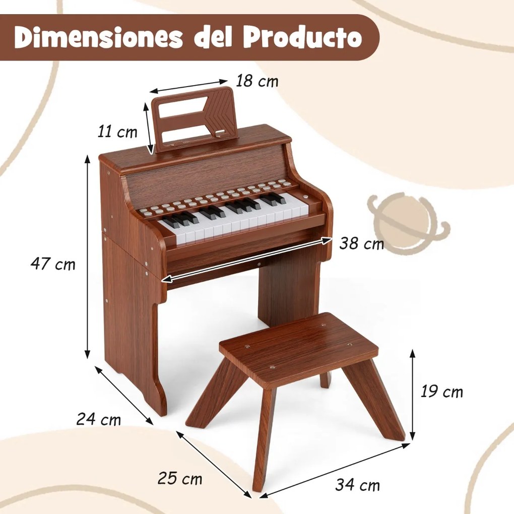 Piano de brincar com 25 teclas para crianças 38 x 24 x 47 cm, com banco e suporte, velocidade e volume ajustáveis, modo de aprendizagem, design em mad