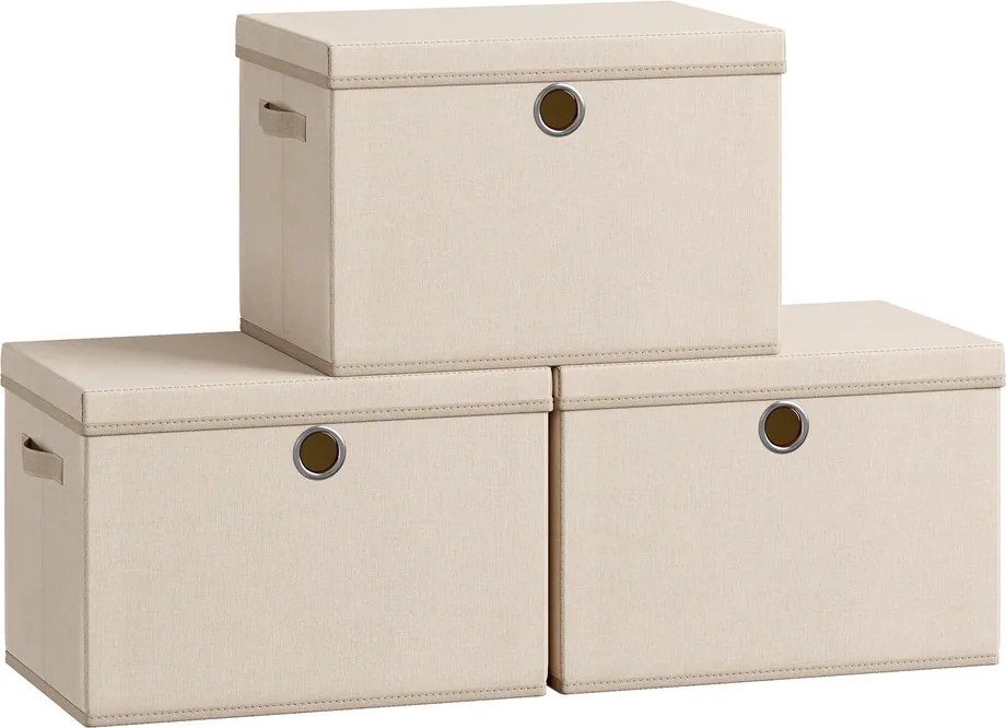 Conjunto de 3 Caixas de arrumação, 43 x 30 x 30 cm com tampa, caixas organizadoras bege areia