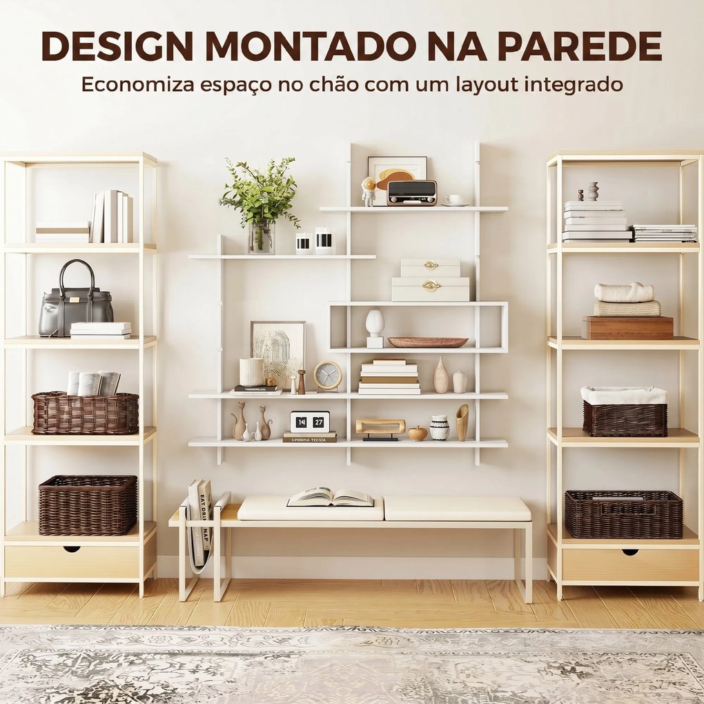 Estante Flutuante de Parede Geométrica Branca 136x20x140 cm com 4 Níveis e Compartimento Central Branco