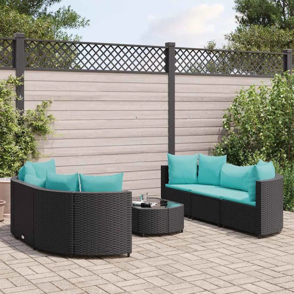 7 pcs conjunto de sofás p/ jardim c/ almofadões vime PE preto