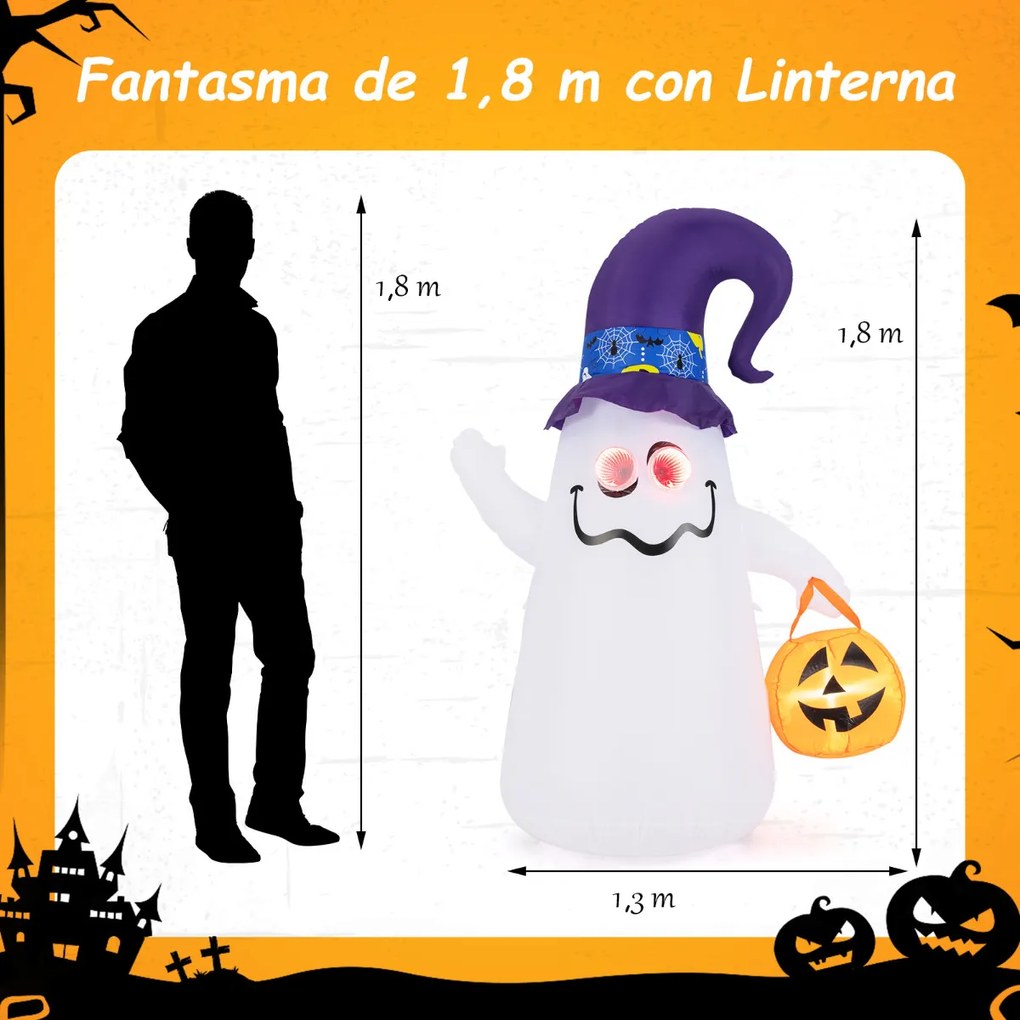 Fantasma com abóbora insuflável de Halloween 180 cm com chapéu de bruxa, espelho de luz infinita e 5 luzes LED Decoração de jardim