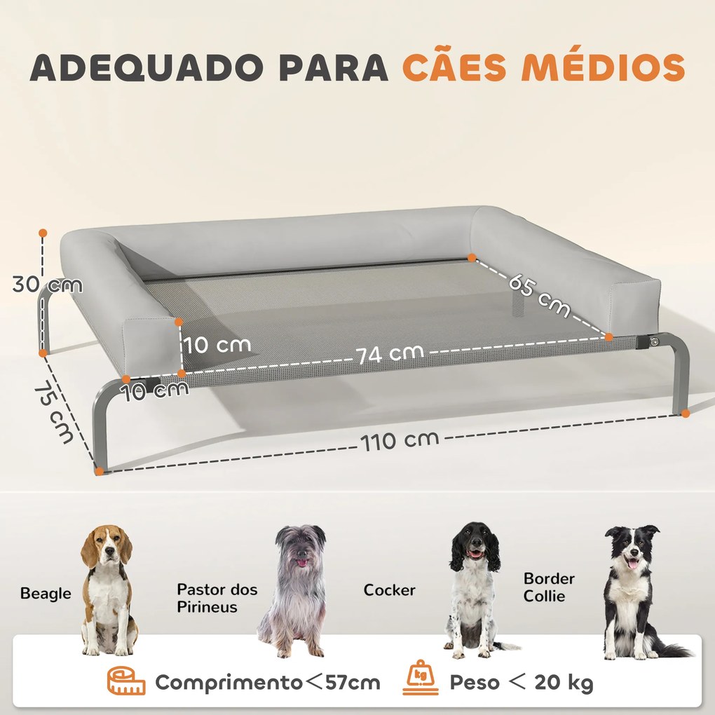 Cama Elevada para Cães com Latertais Amovíveis Cama Elevada para Cães Médios Portátil com Malha Respirável 130x90x30 cm Cinza Claro