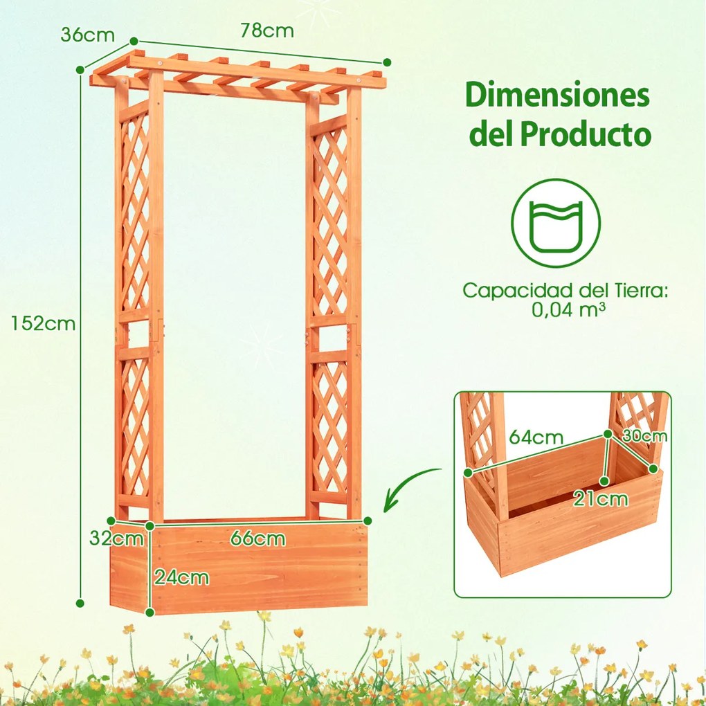 Floreira de jardim elevada com treliça de madeira 66 x 32 x 152 cm com teto para pendurar; Orifícios de drenagem para plantas trepadeiras Laranja