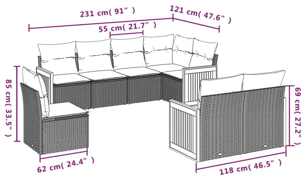 8 pcs conjunto sofás de jardim com almofadões vime PE preto