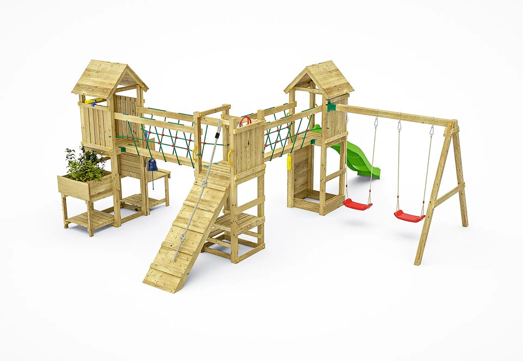 Parque infantil Crianças Exterior Optimizer KDI Escorrega Verde, Baloiço Duplo, corda esclada, parede escalada