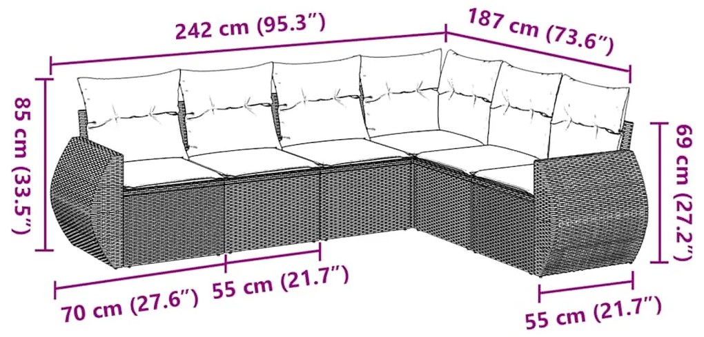 6 pcs conjunto sofás de jardim c/ almofadões vime PE preto