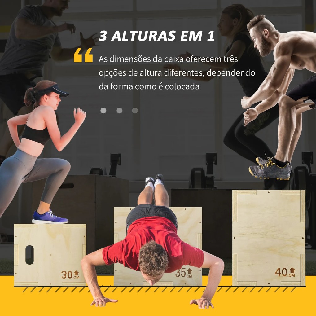 Caixa Pliométrica de Madeira 3 em 1 Plataforma de Caixa Pliométrica com 3 Alturas Diferentes 2 Pegas Treino de Salto Força 40,5x35,5x30,5 cm Madeira
