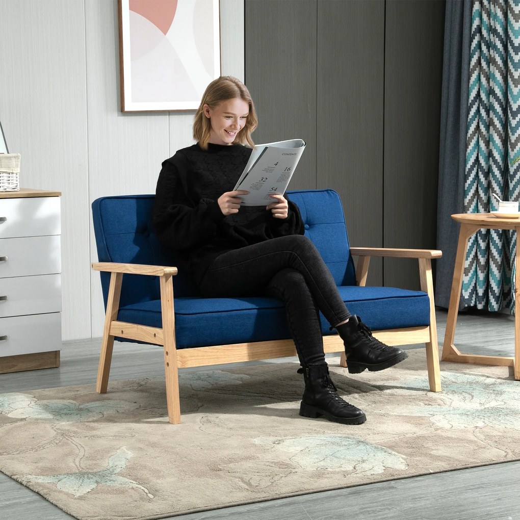 HOMCOM Sofá de 2 Lugares com Encosto e Almofadas Acolchoados Pés de Madeira Antiderrapantes para Sala de estar Dormitório Oficina 114x61x71 cm Azul
