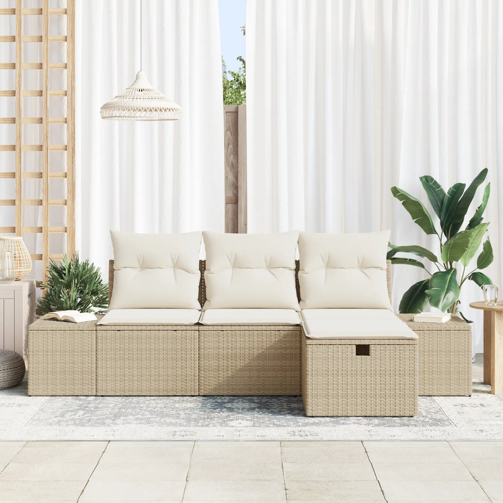 Conjunto de Sofá de Jardim de 4 Peças com Almofadas Bege Rattan Poliés