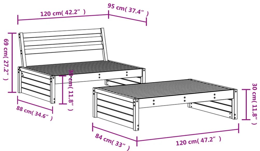 2 pcs conjunto lounge de jardim madeira de pinho maciça